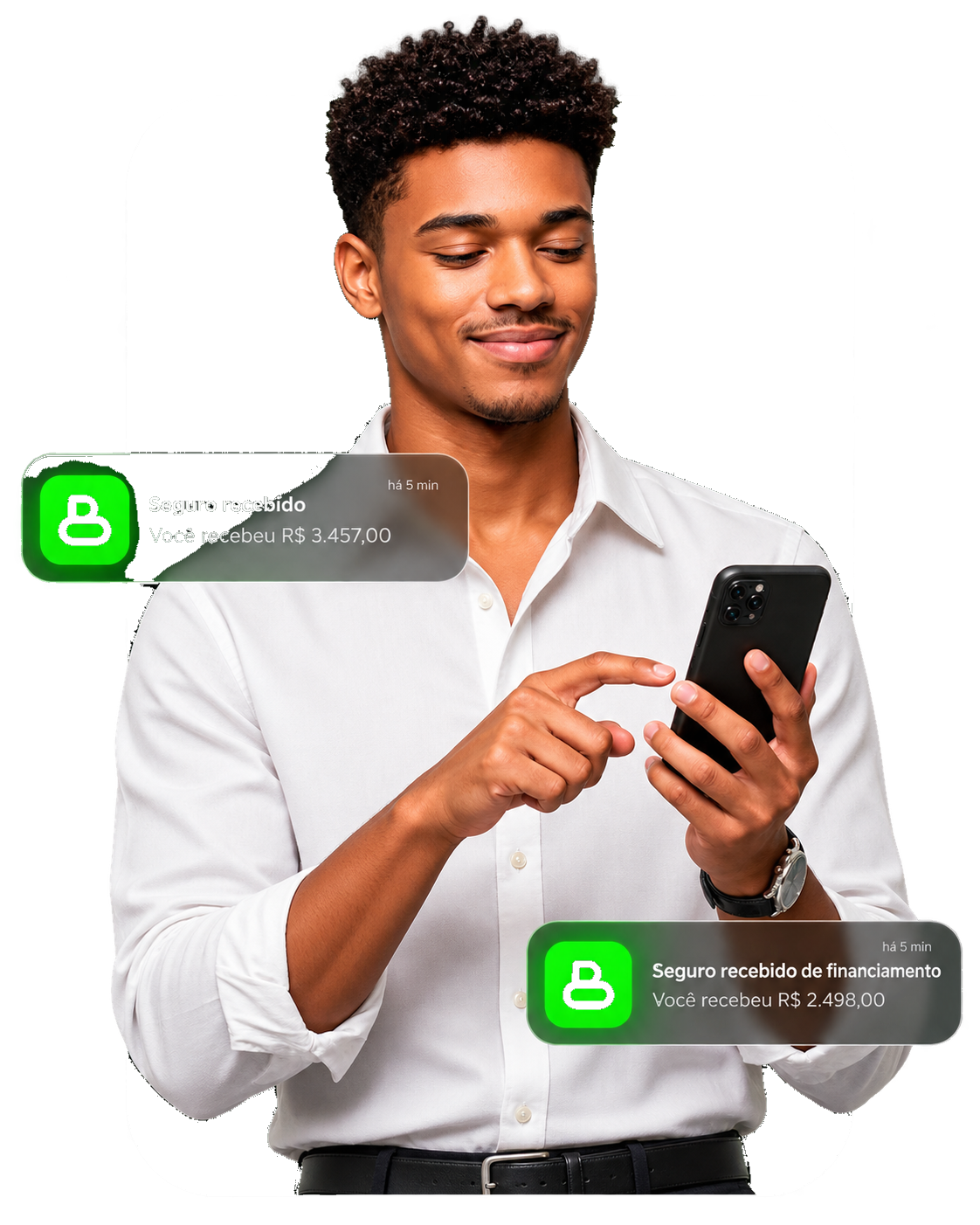 Cliente recebendo no celular a notificação de seguro restituído